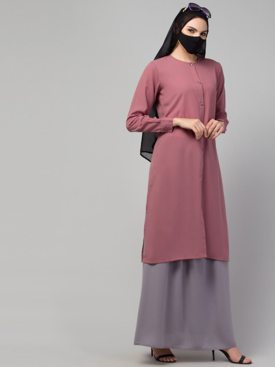Modest Co-ord Set: Front Open Long Top with Slim Sleeves, Side Slits, and Flared Skirt, Ideal for Students and Working Women