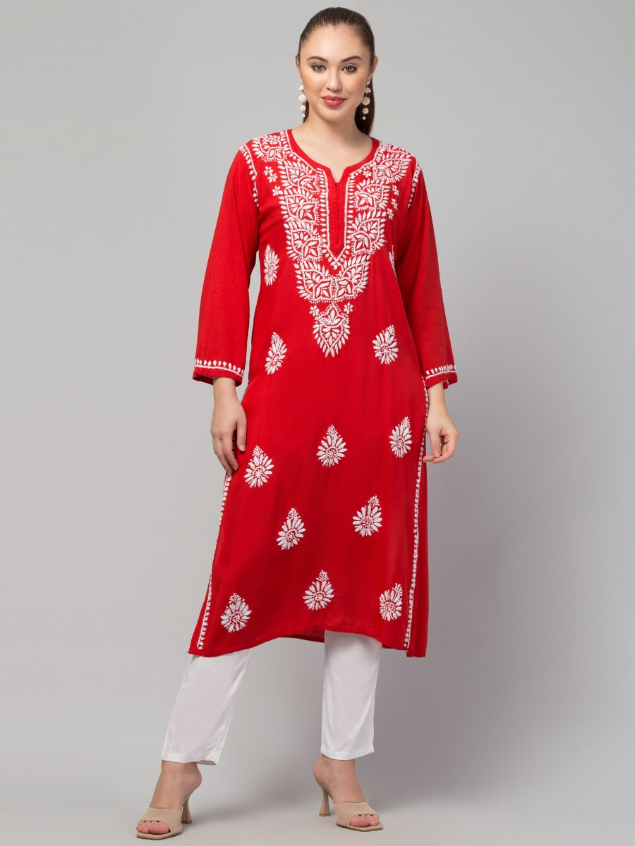 Long Rayon Kurti With Hand Chikankari Work