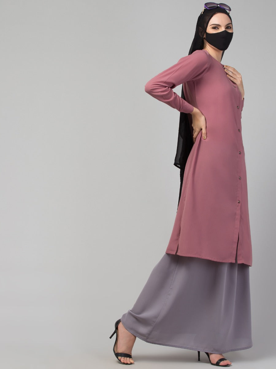 Modest Co-ord Set: Front Open Long Top with Slim Sleeves, Side Slits, and Flared Skirt, Ideal for Students and Working Women