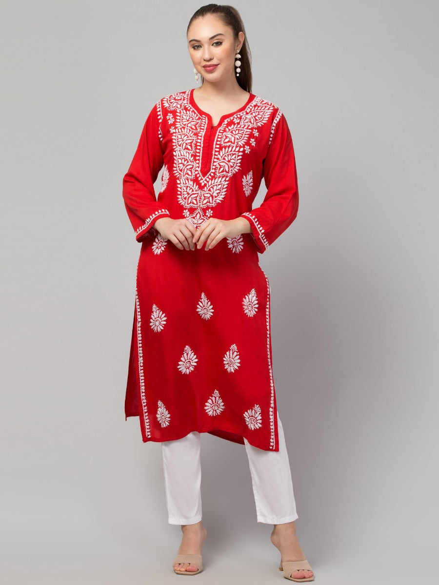 Long Rayon Kurti With Hand Chikankari Work