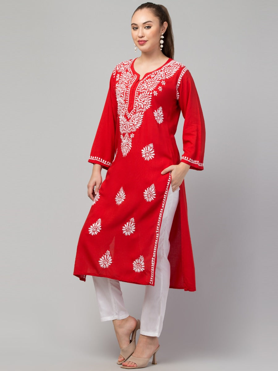 Long Rayon Kurti With Hand Chikankari Work