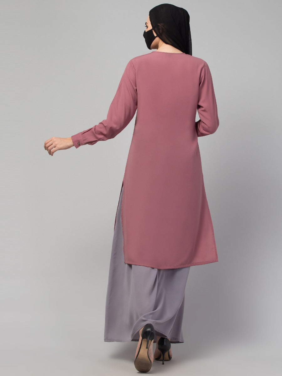 Modest Co-ord Set: Front Open Long Top with Slim Sleeves, Side Slits, and Flared Skirt, Ideal for Students and Working Women
