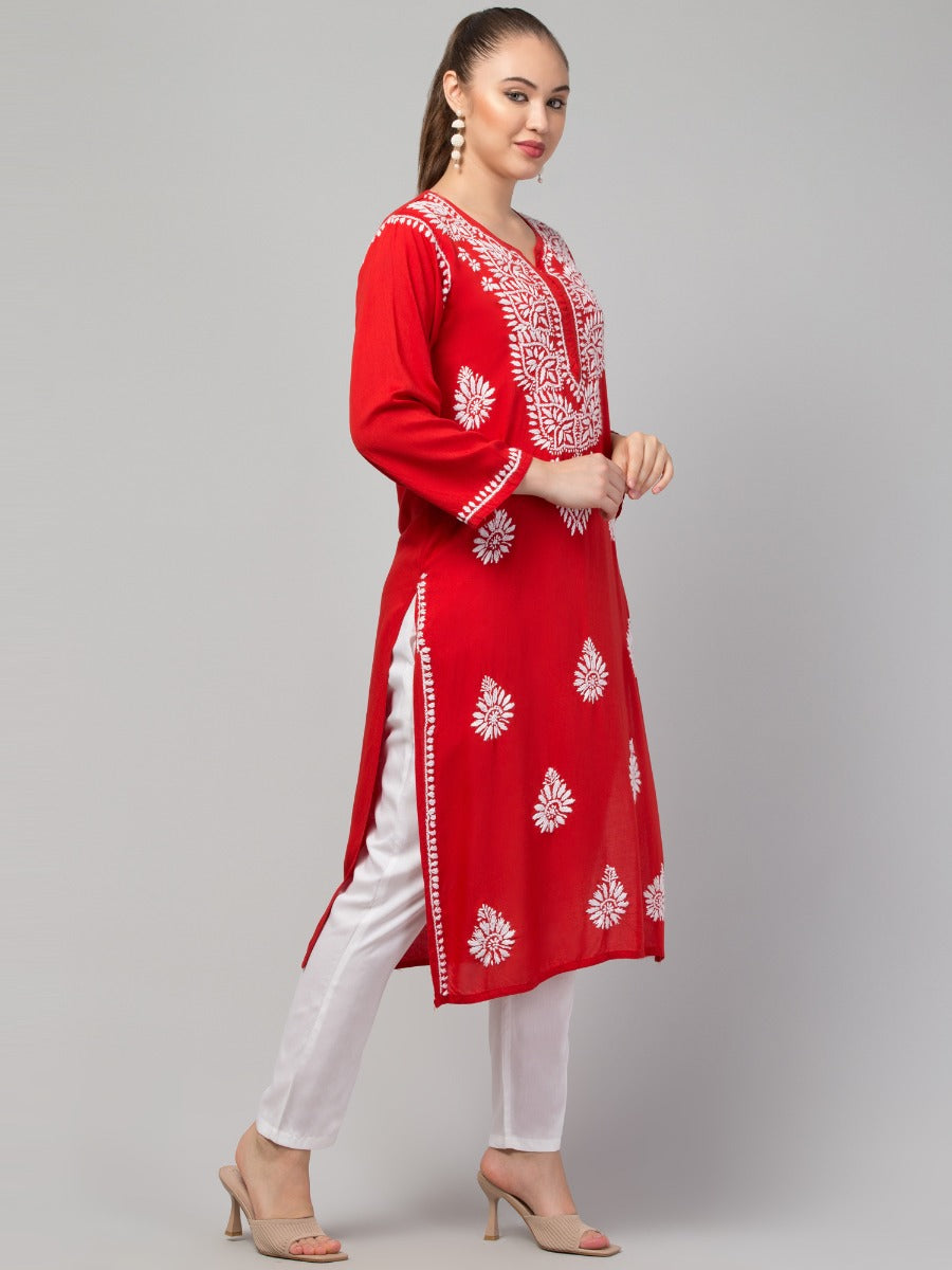 Long Rayon Kurti With Hand Chikankari Work