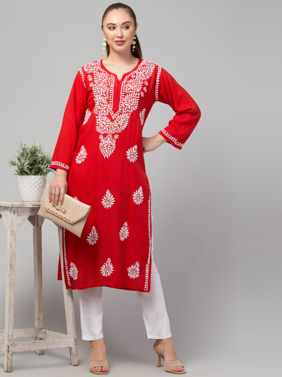 Long Rayon Kurti With Hand Chikankari Work