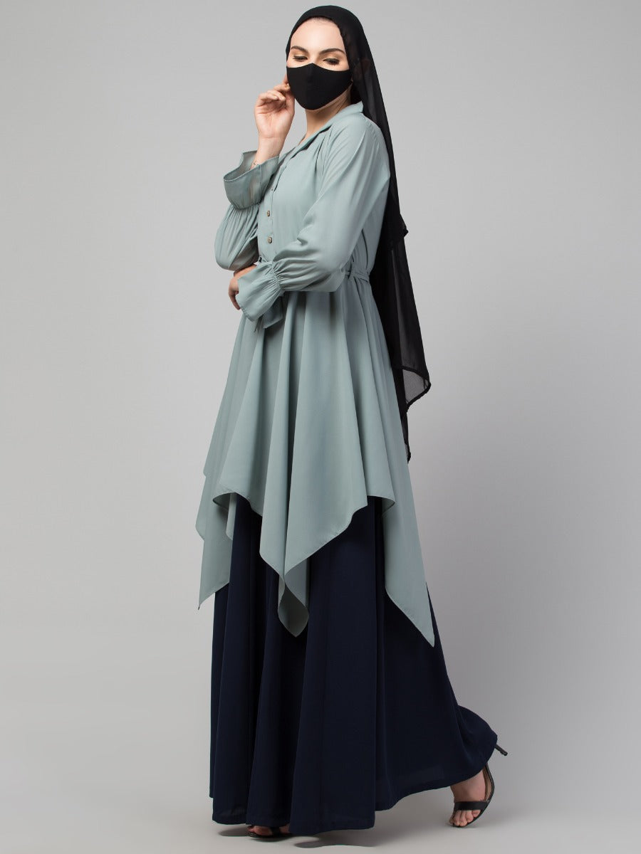 Modest Co-ord Set: Asymmetrical Pattern Top with Collar and Elasticated Bell Sleeves, Flared Skirt for Students and Working Women