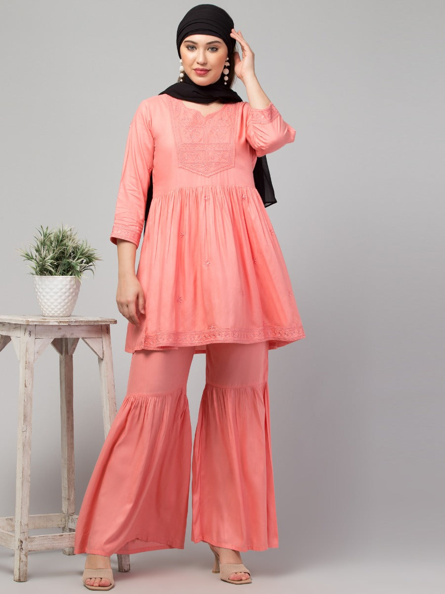 Two Pcs Sharara-Kurta Set With Chikankari Work In Rayon Fabric