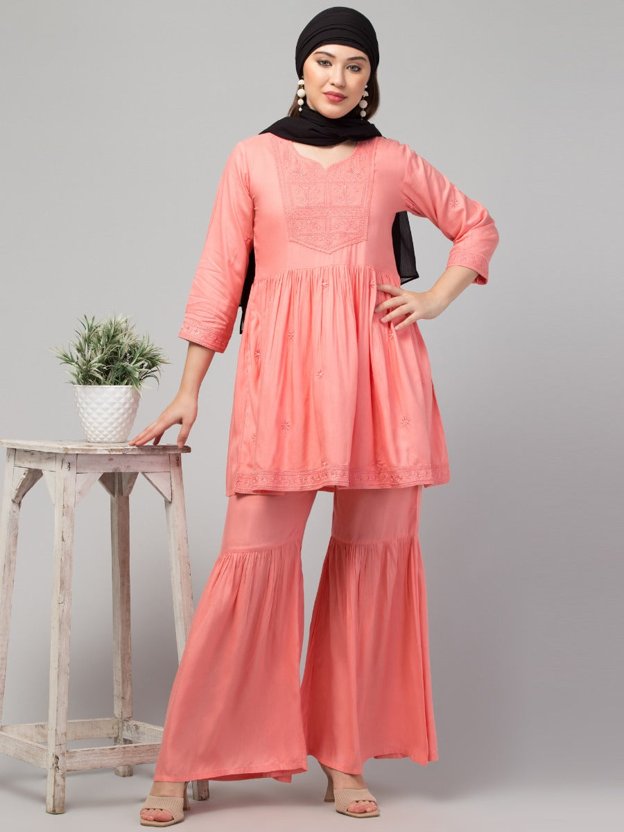 Two Pcs Sharara-Kurta Set With Chikankari Work In Rayon Fabric