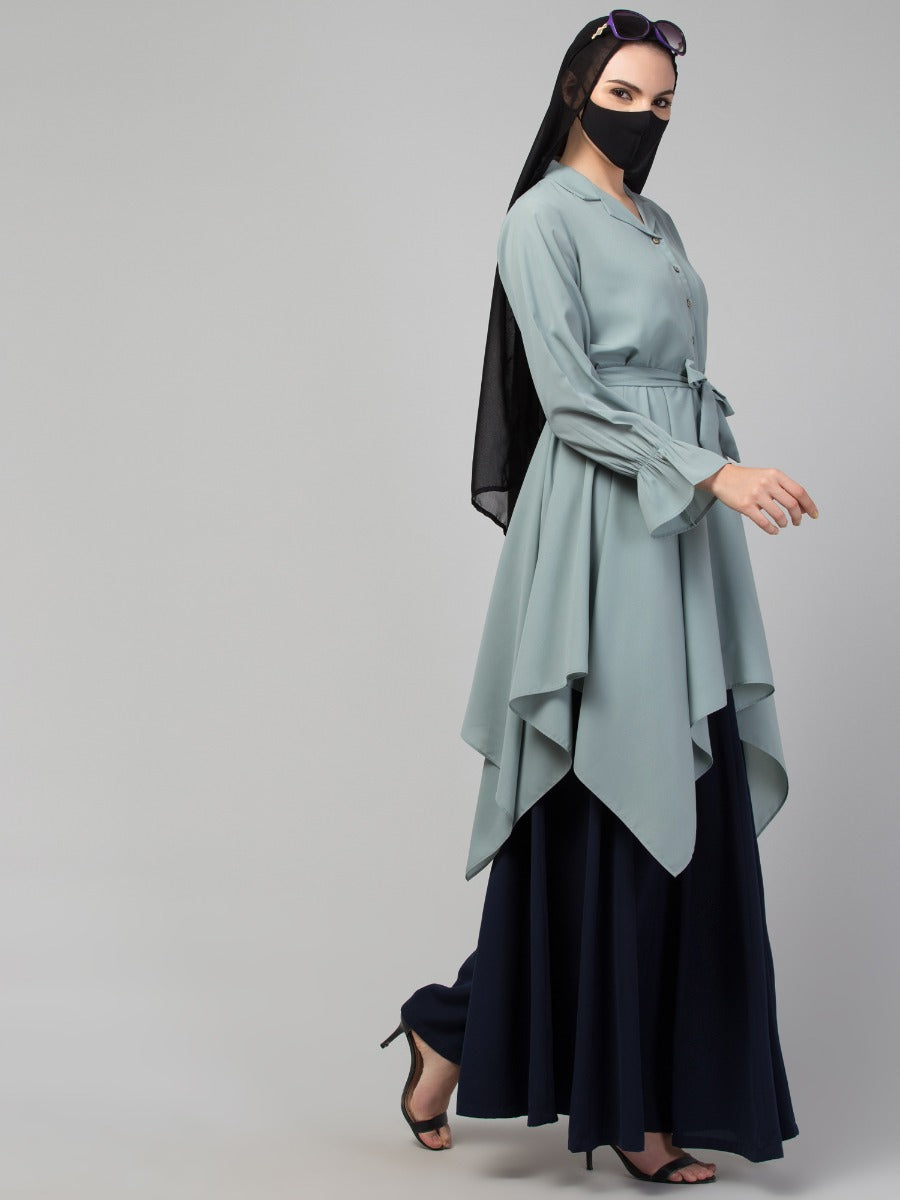Modest Co-ord Set: Asymmetrical Pattern Top with Collar and Elasticated Bell Sleeves, Flared Skirt for Students and Working Women