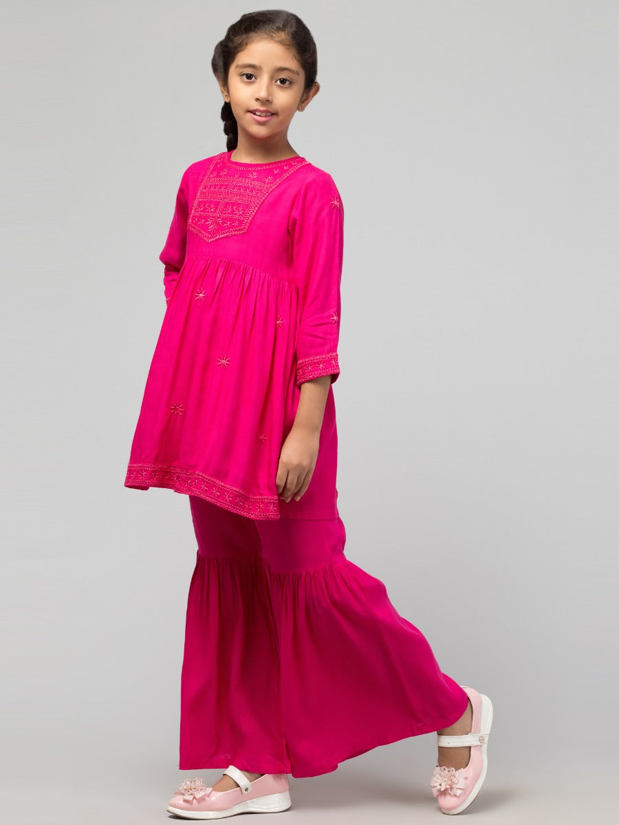 Two Pieces Sharara Set- Embroidered Top With Sharara