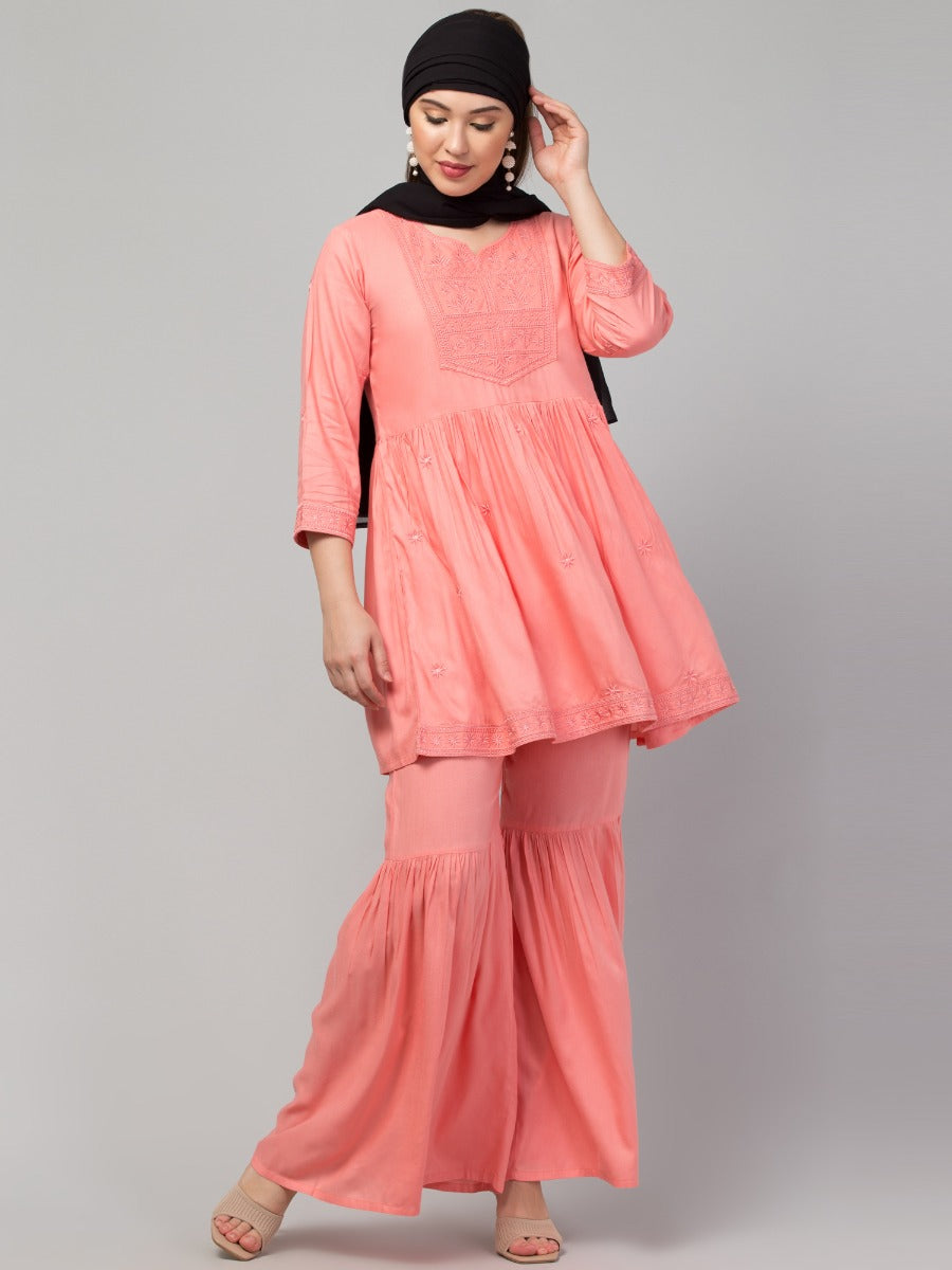 Two Pcs Sharara-Kurta Set With Chikankari Work In Rayon Fabric