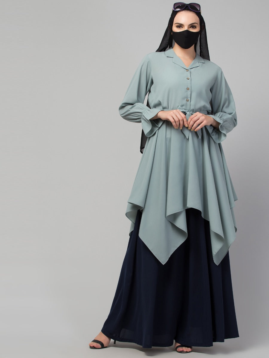 Modest Co-ord Set: Asymmetrical Pattern Top with Collar and Elasticated Bell Sleeves, Flared Skirt for Students and Working Women