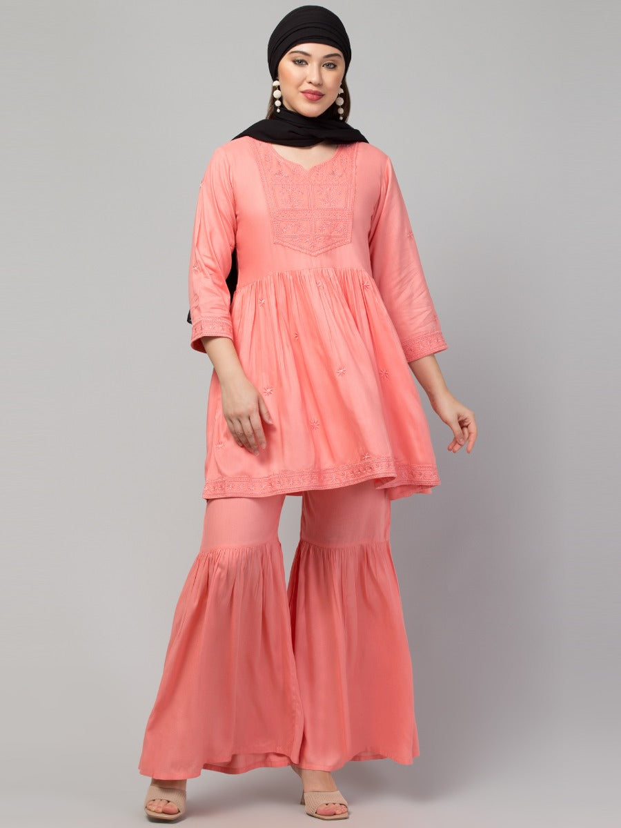 Two Pcs Sharara-Kurta Set With Chikankari Work In Rayon Fabric