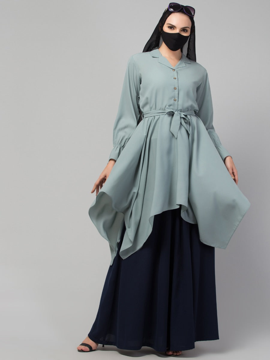 Modest Co-ord Set: Asymmetrical Pattern Top with Collar and Elasticated Bell Sleeves, Flared Skirt for Students and Working Women