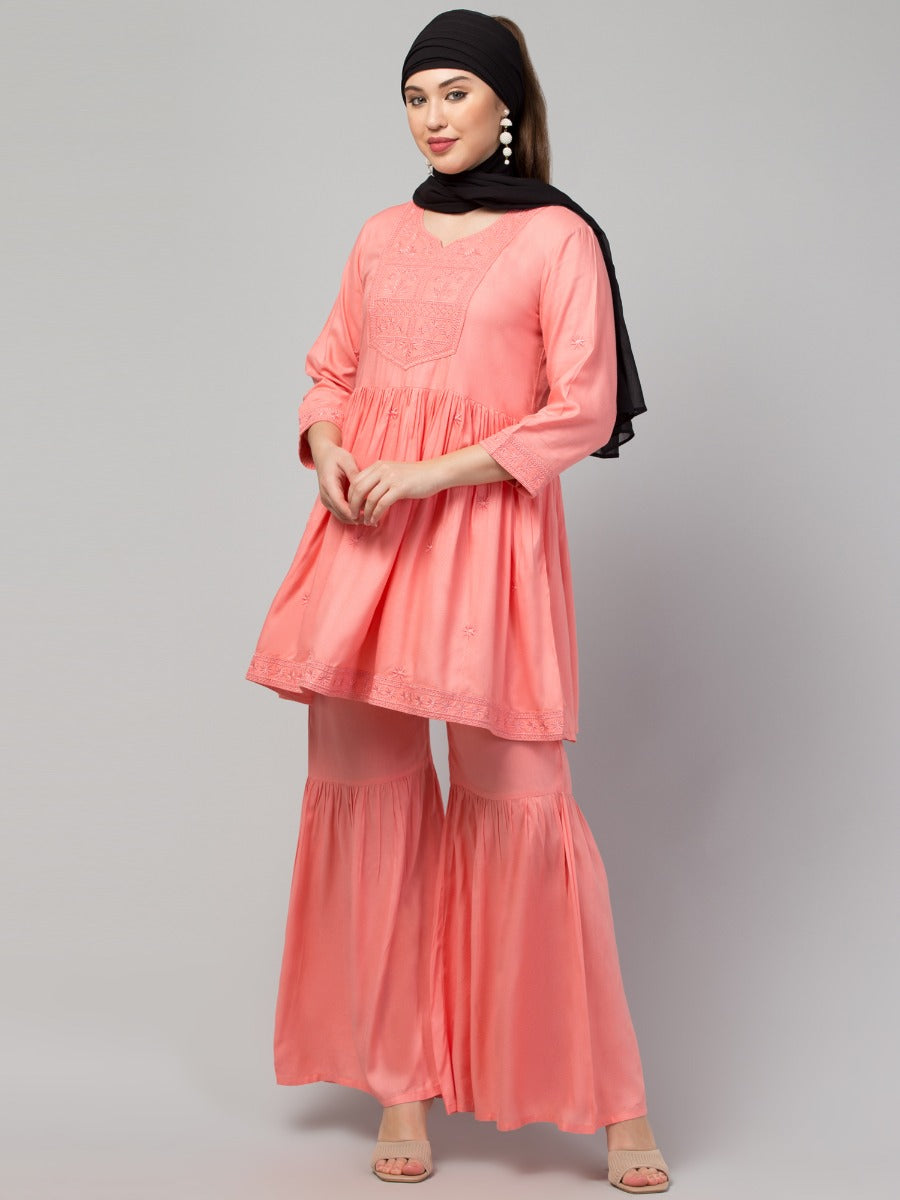Two Pcs Sharara-Kurta Set With Chikankari Work In Rayon Fabric