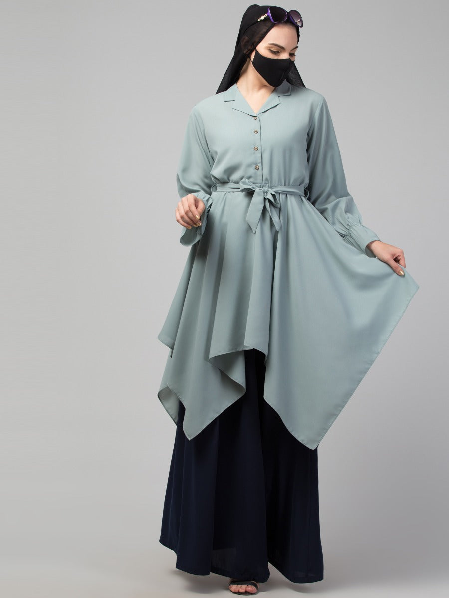 Modest Co-ord Set: Asymmetrical Pattern Top with Collar and Elasticated Bell Sleeves, Flared Skirt for Students and Working Women