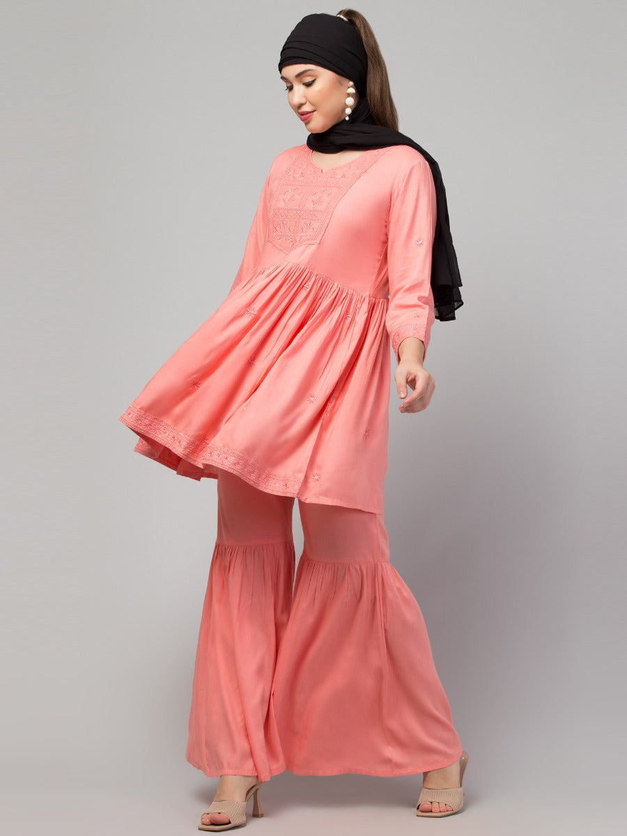 Two Pcs Sharara-Kurta Set With Chikankari Work In Rayon Fabric