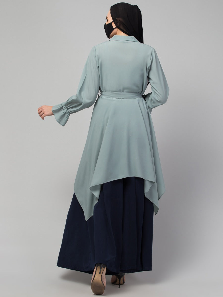 Modest Co-ord Set: Asymmetrical Pattern Top with Collar and Elasticated Bell Sleeves, Flared Skirt for Students and Working Women