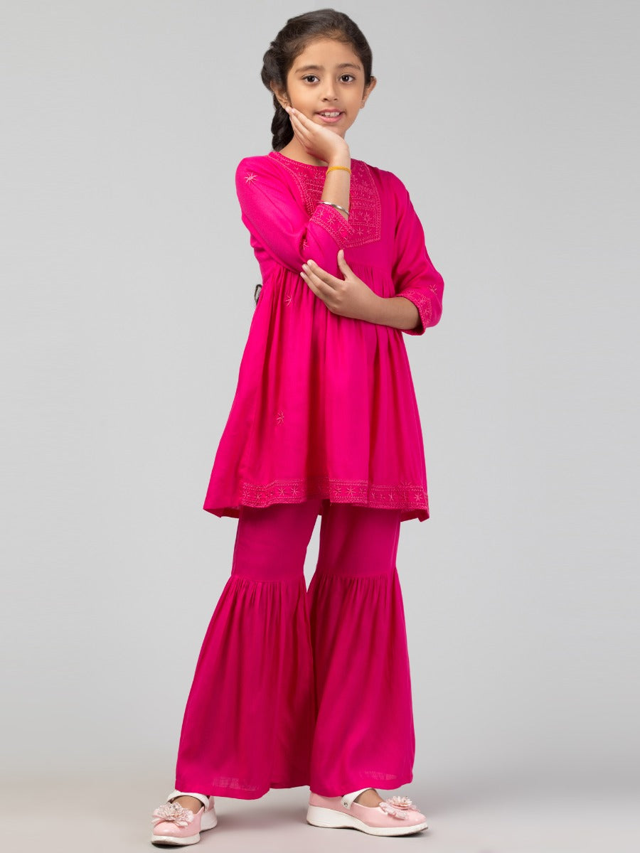Two Pieces Sharara Set- Embroidered Top With Sharara