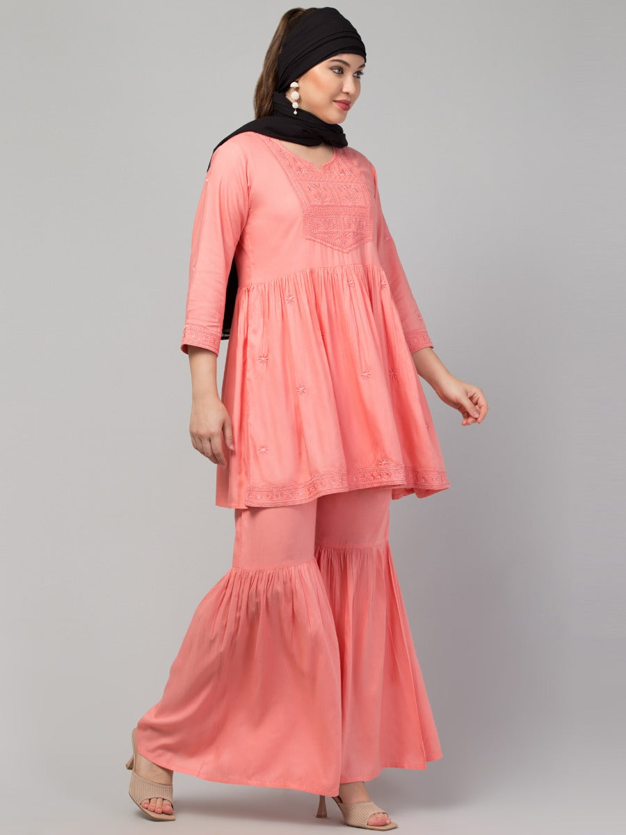 Two Pcs Sharara-Kurta Set With Chikankari Work In Rayon Fabric
