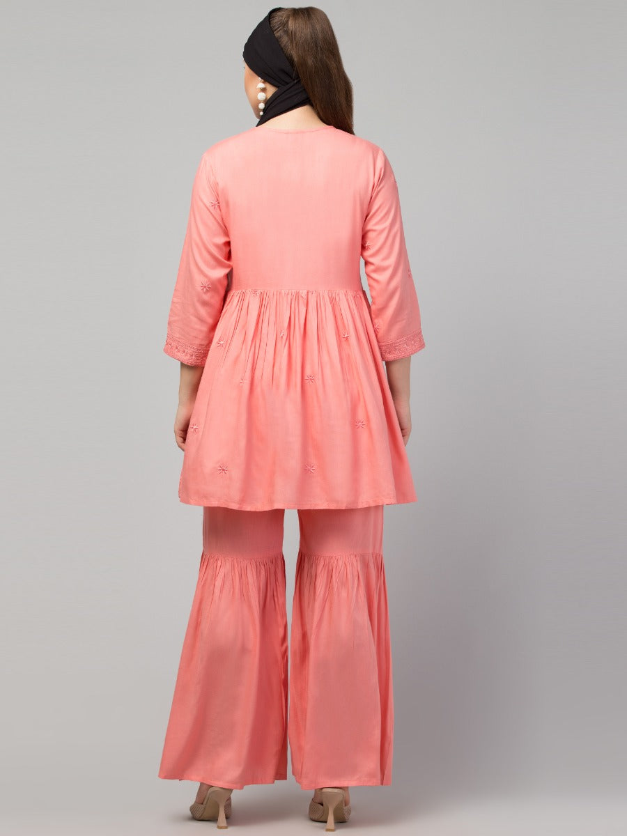 Two Pcs Sharara-Kurta Set With Chikankari Work In Rayon Fabric