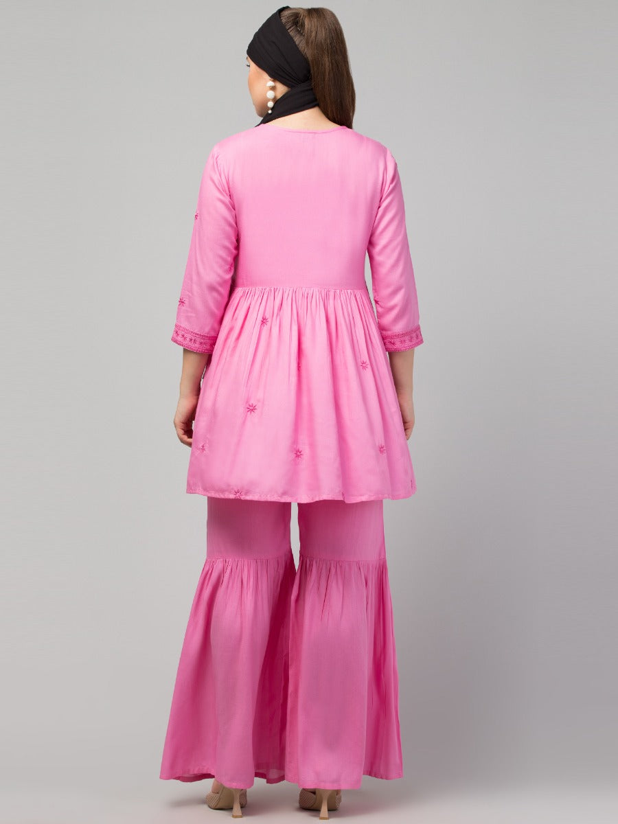 Two Pcs Sharara-Kurta Set With Chikankari Work In Rayon Fabric