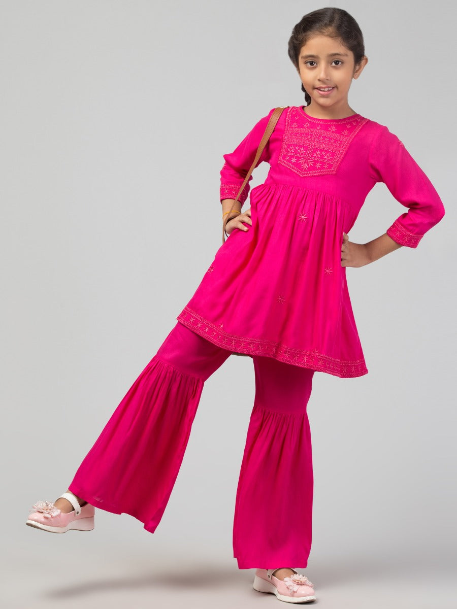 Two Pieces Sharara Set- Embroidered Top With Sharara