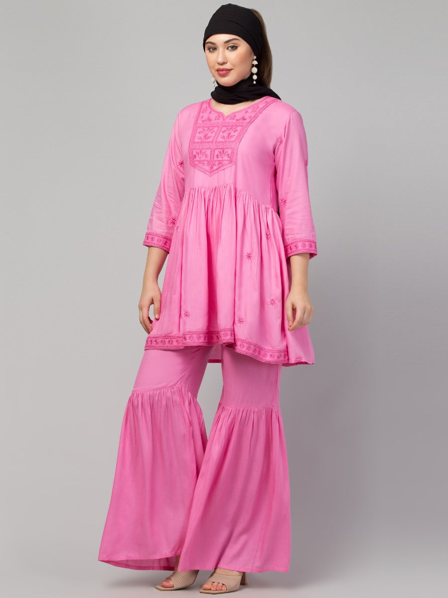 Two Pcs Sharara-Kurta Set With Chikankari Work In Rayon Fabric