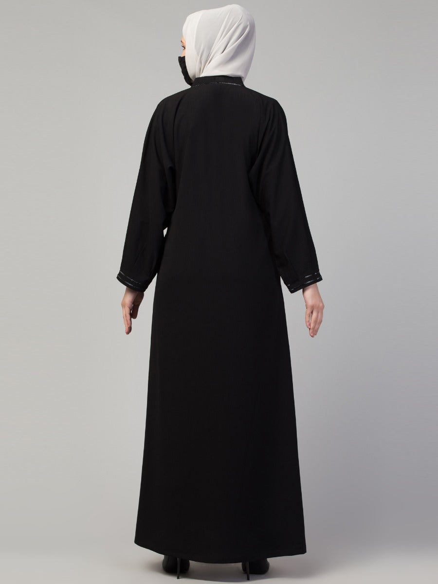 Front Open Abaya In Crushed Fabric With Stone Work
