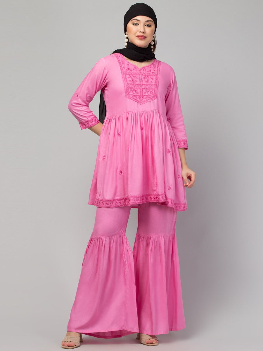 Two Pcs Sharara-Kurta Set With Chikankari Work In Rayon Fabric