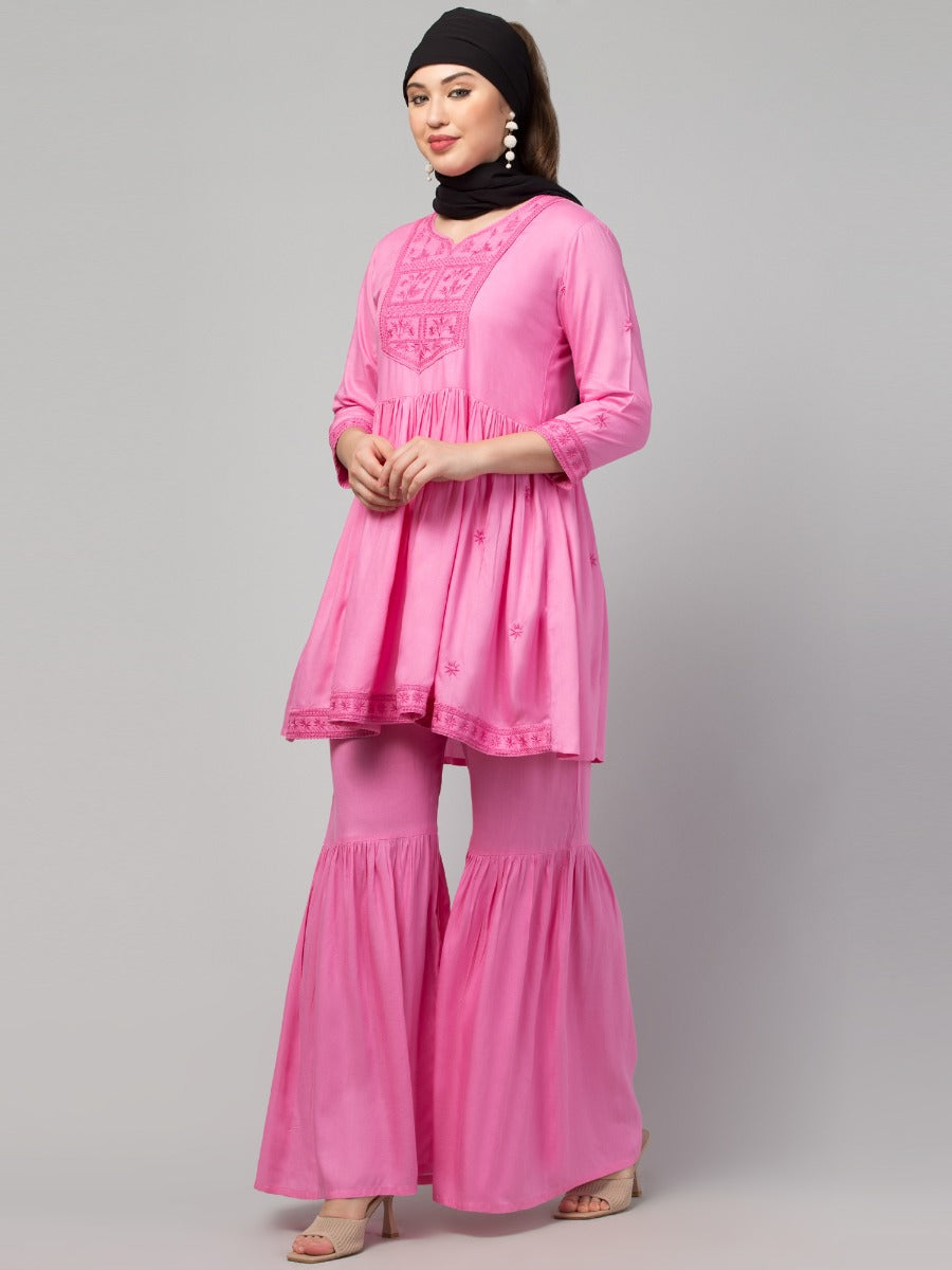 Two Pcs Sharara-Kurta Set With Chikankari Work In Rayon Fabric