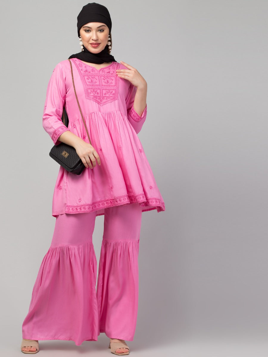 Two Pcs Sharara-Kurta Set With Chikankari Work In Rayon Fabric