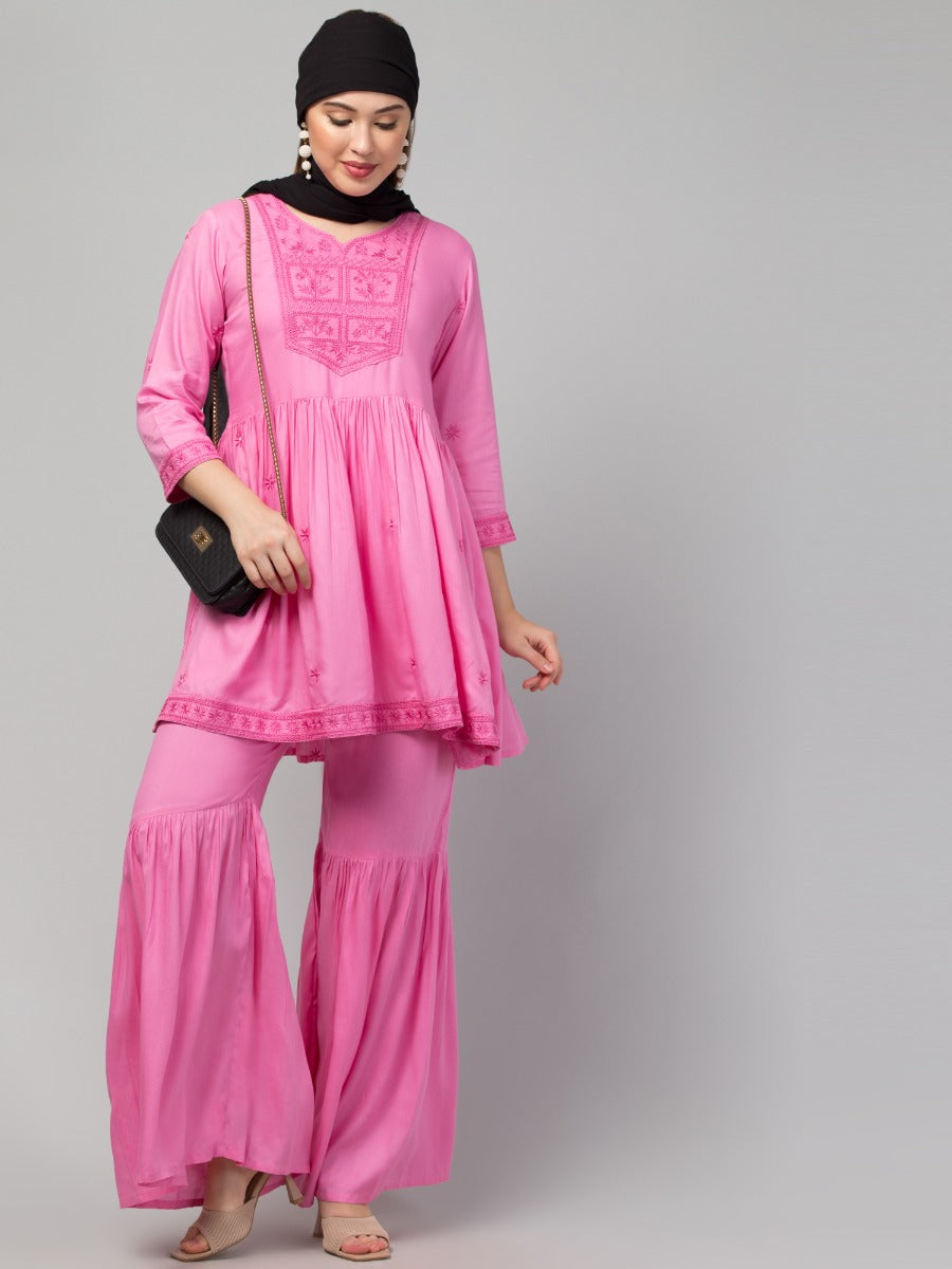 Two Pcs Sharara-Kurta Set With Chikankari Work In Rayon Fabric