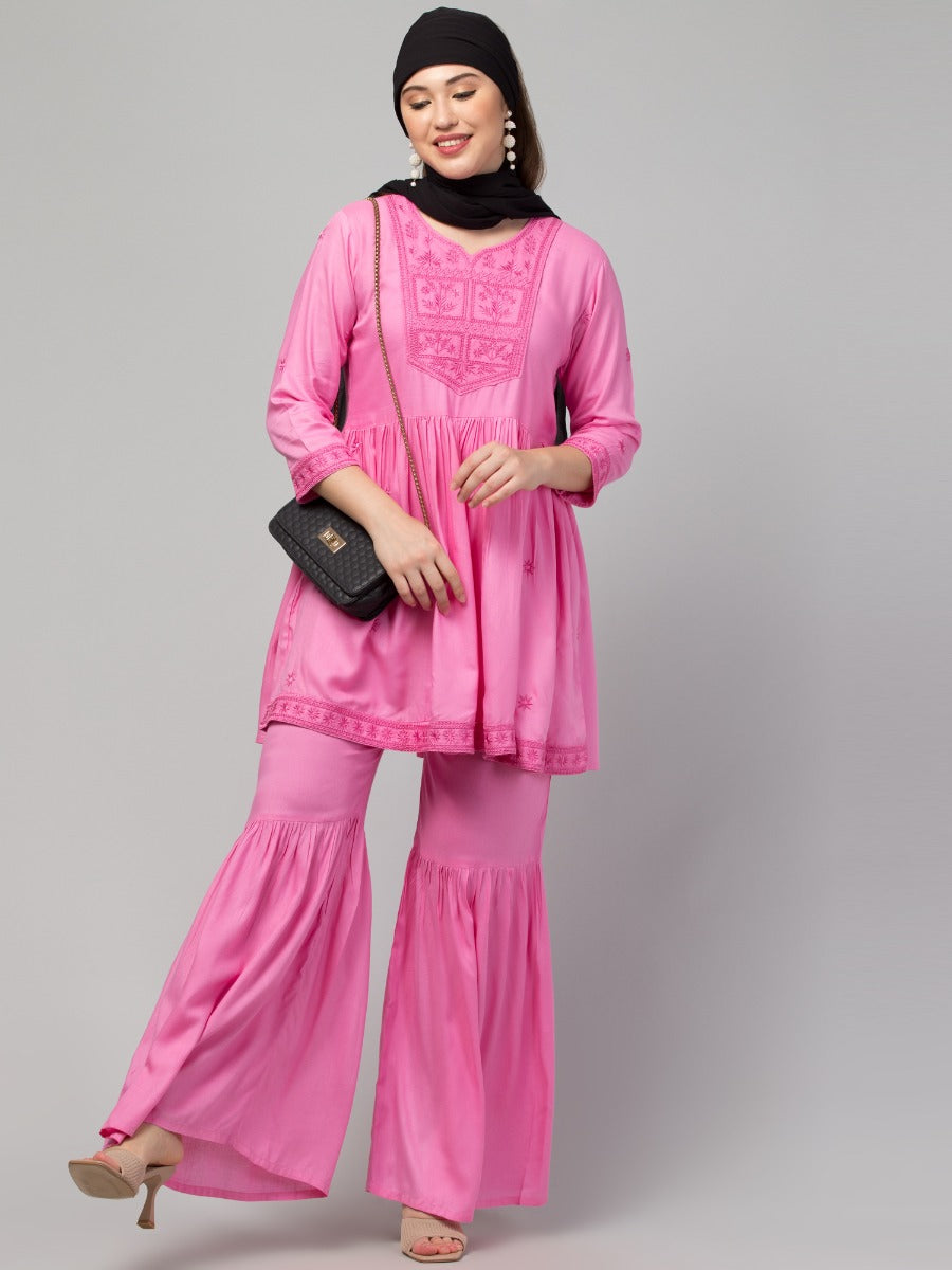 Two Pcs Sharara-Kurta Set With Chikankari Work In Rayon Fabric