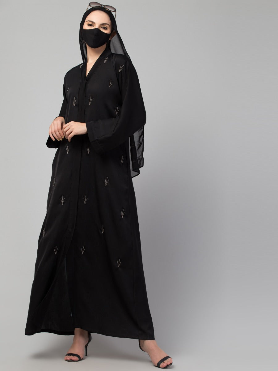 Occasion Wear Front Open Abaya: Handwork Embellishments with Matching Stole, Premium Nida Fabric