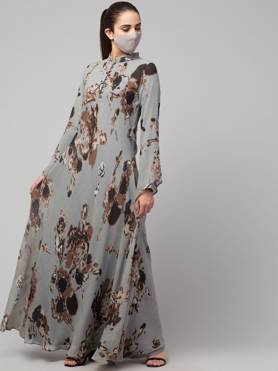 Printed Floral Dress With Umbrella Flare.