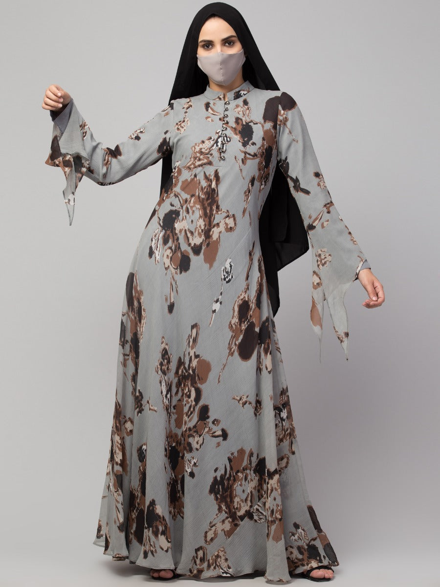 Printed Floral Dress With Umbrella Flare.