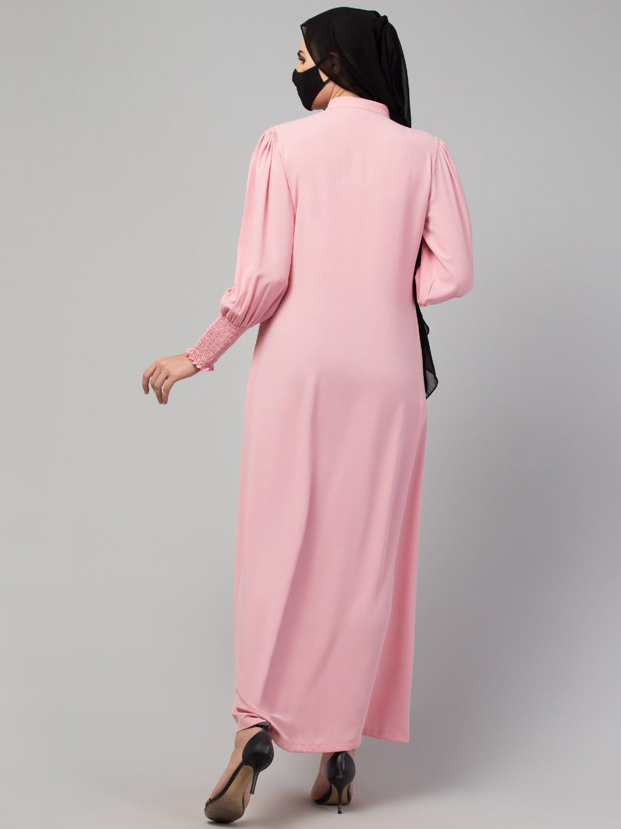 Front Open Abaya with Puff Shoulders: Smocky Sleeves and Contrast Buttons