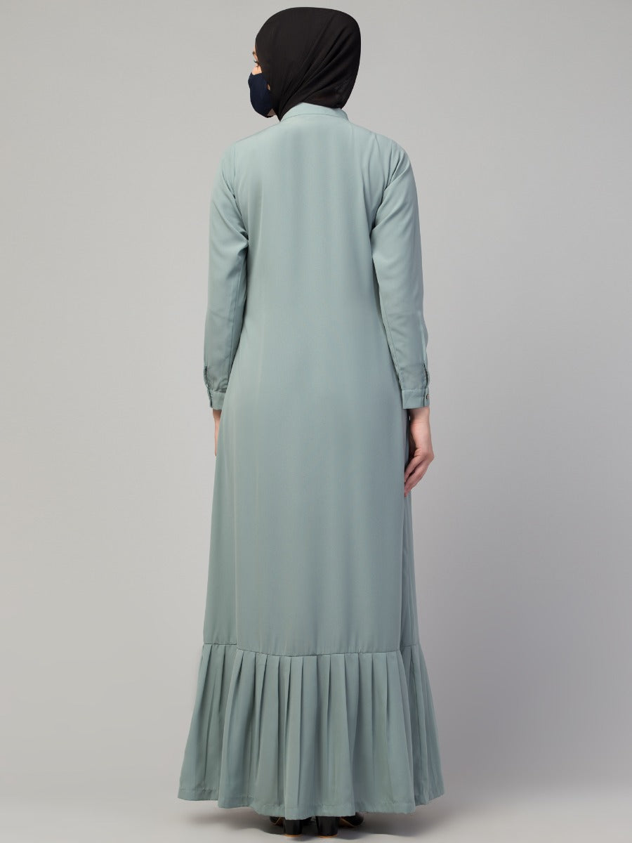Front Open Abaya In Kashibo Fabric With Frilled Hem and Wooden Buttons