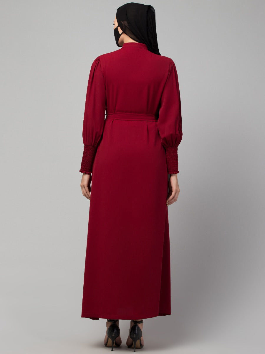 Front Open Abaya with Puff Shoulders: Smocky Sleeves and Contrast Buttons