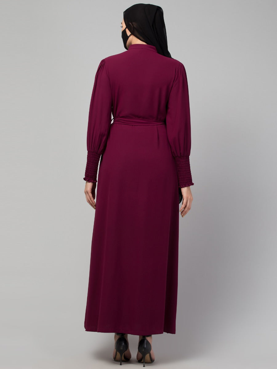Front Open Abaya with Puff Shoulders: Smocky Sleeves and Contrast Buttons