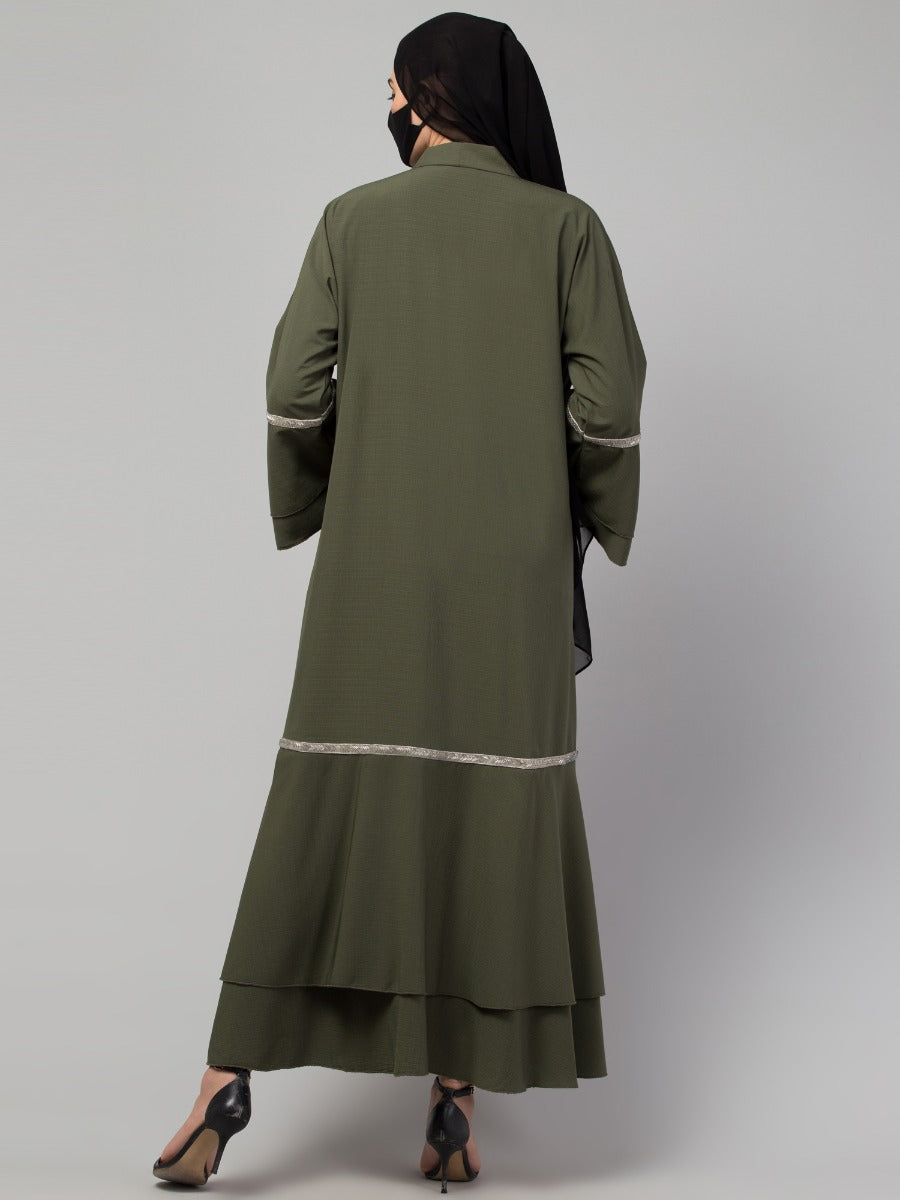Lacework Occasion Wear Abaya: Dual Layer Bell Sleeves and Hem, Premium CYE Crush Fabric