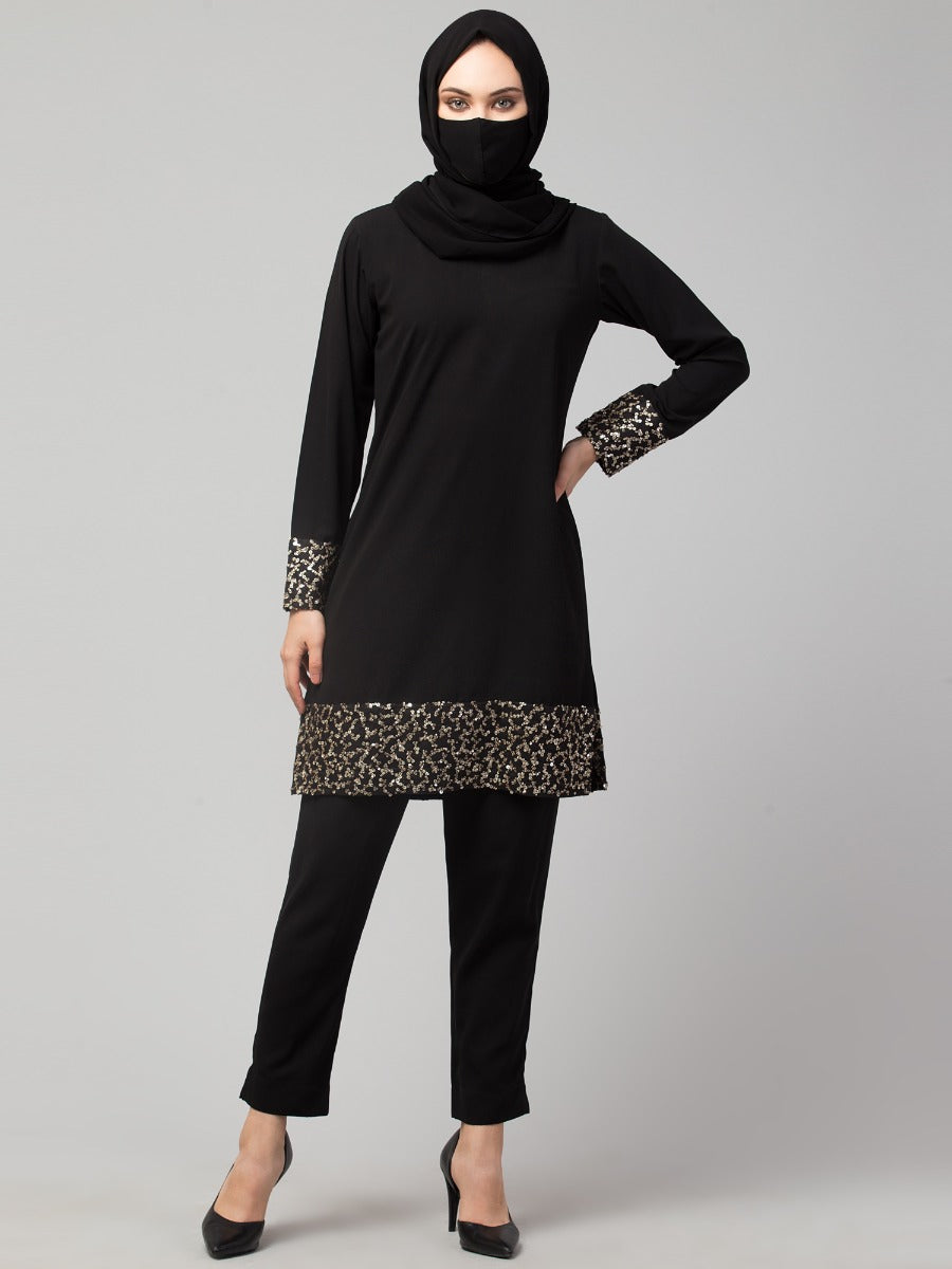 Black Tunic & Trouser Set With Sequin Work
