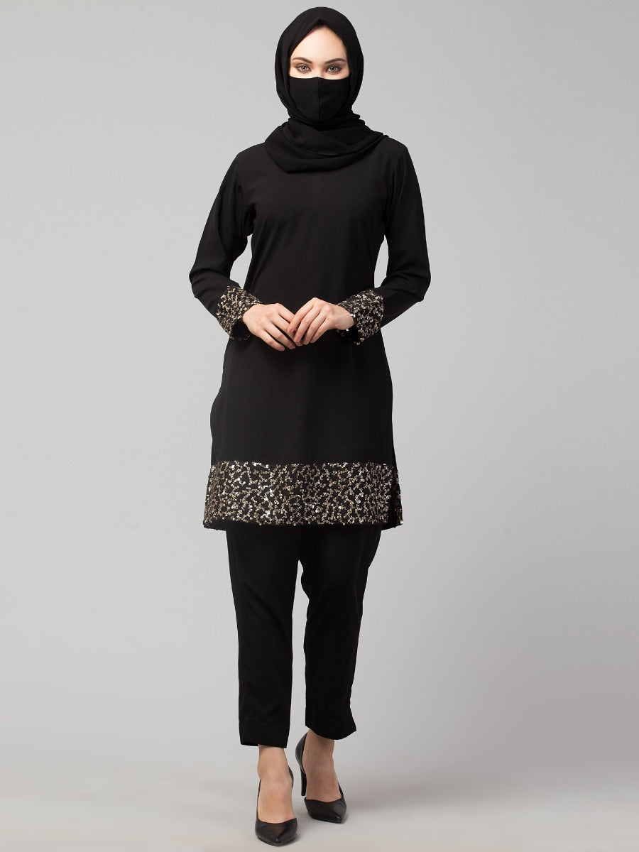 Black Tunic & Trouser Set With Sequin Work