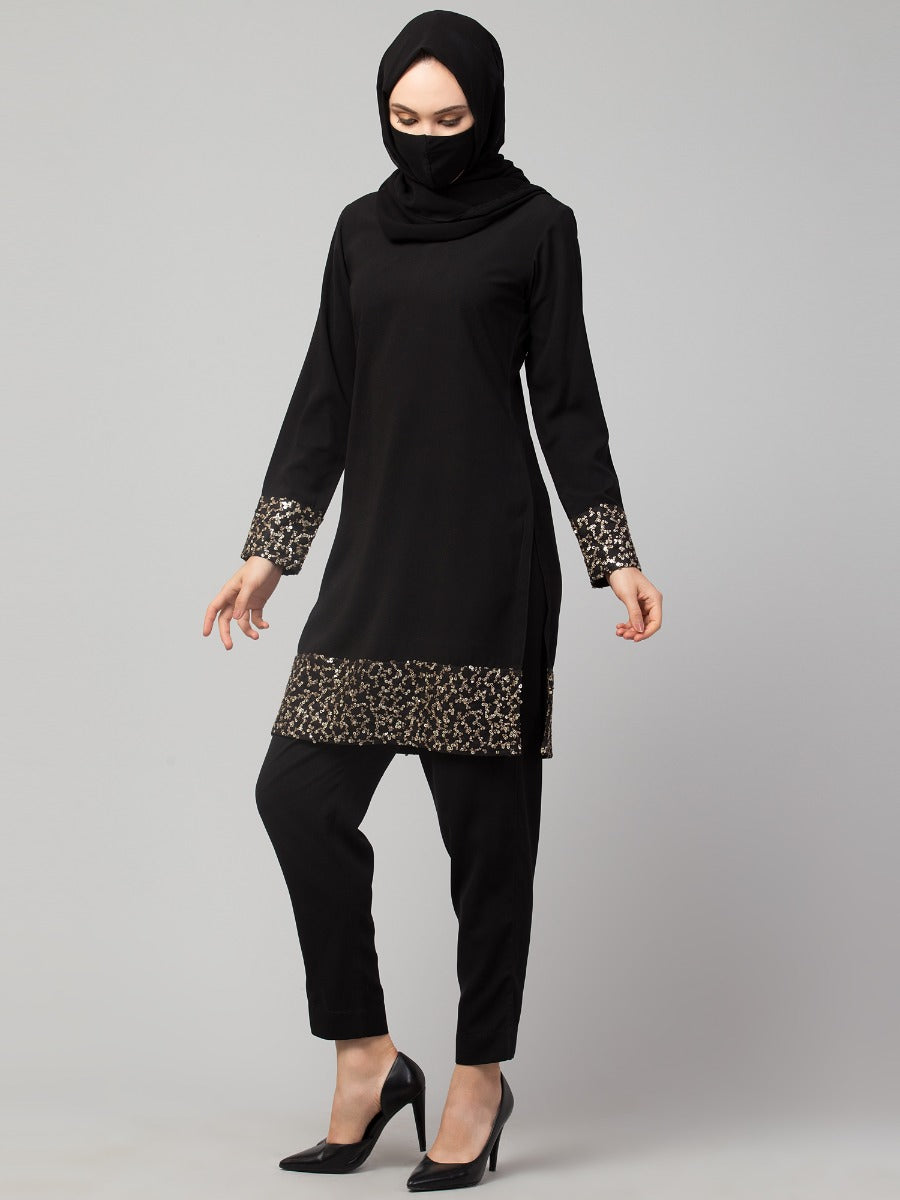 Black Tunic & Trouser Set With Sequin Work