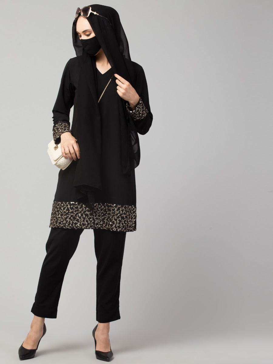 Black Tunic & Trouser Set With Sequin Work