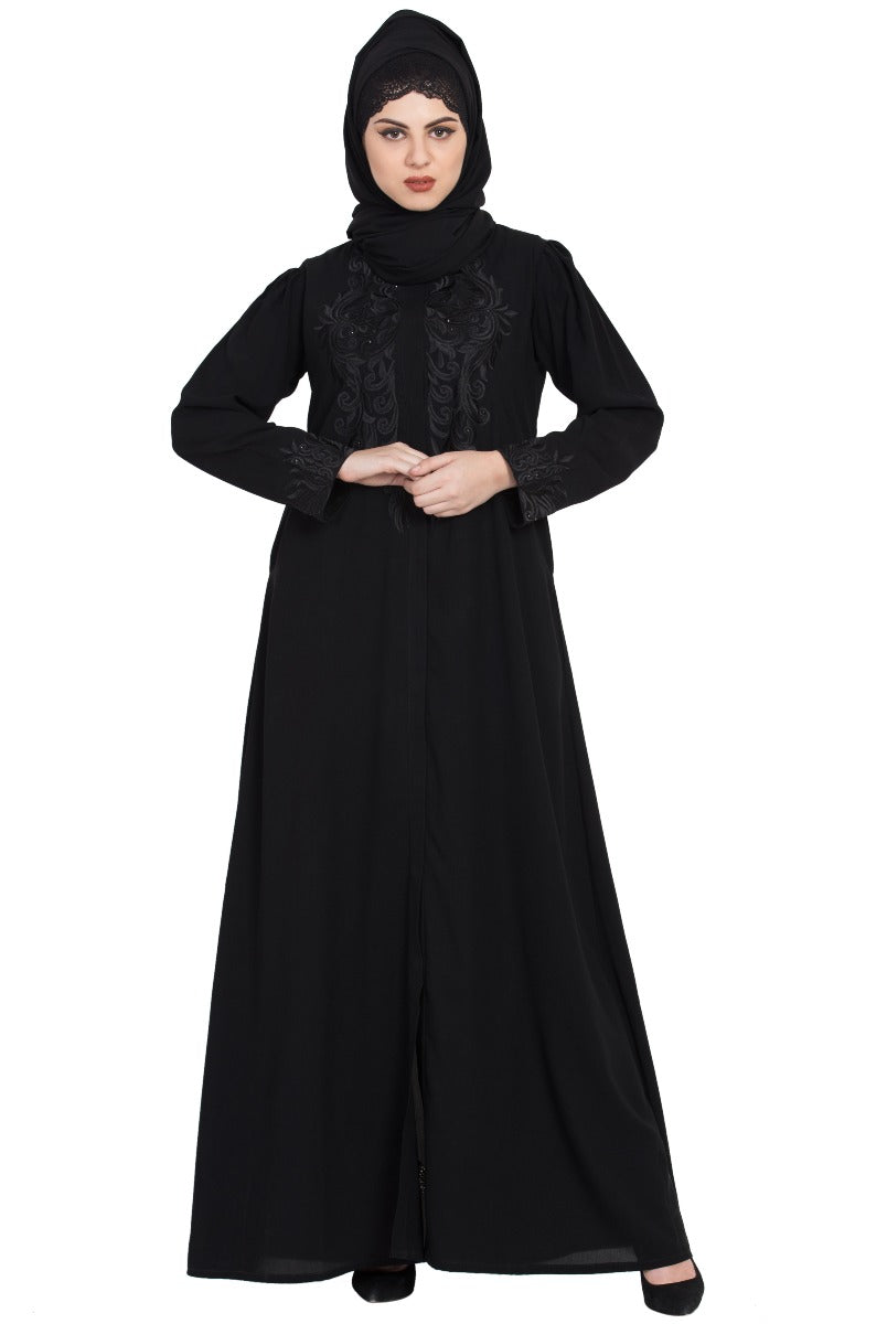 Front Open Abaya With Embroidery-With Hijab