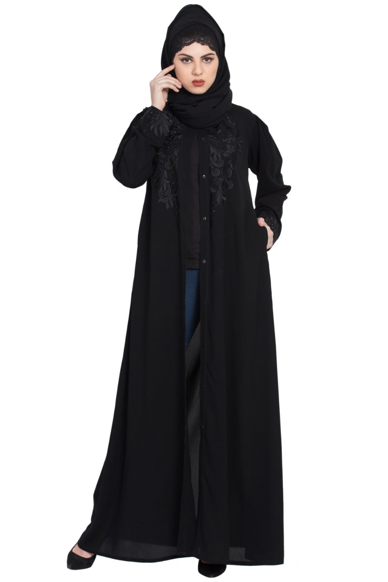 Front Open Abaya With Embroidery-With Hijab
