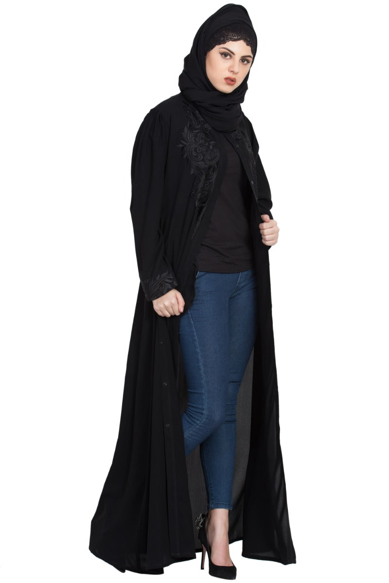 Front Open Abaya With Embroidery-With Hijab