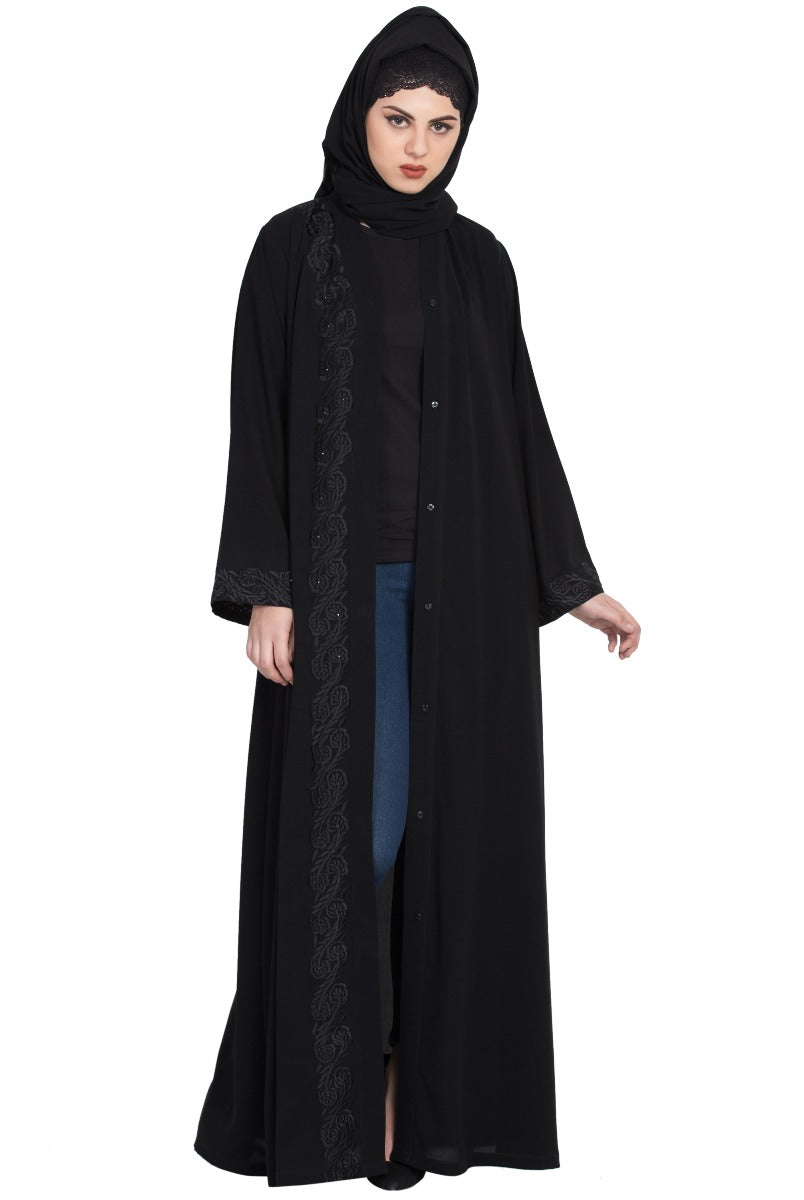 Front Open Abaya With Embroidery-With Hijab