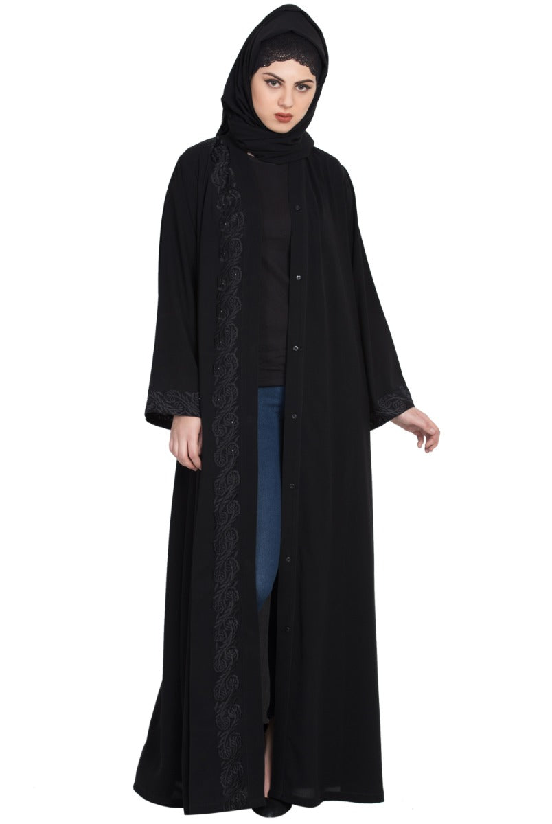 Front Open Abaya With Embroidery-With Hijab